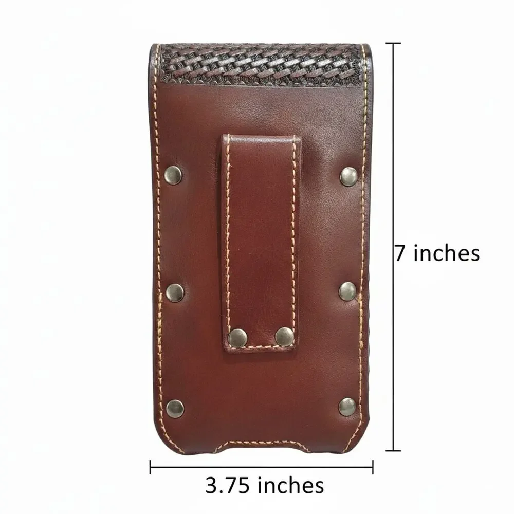 Western Cowboy Belt Loop Phone Holster Brown LARGE Genuine Leather Basketweave